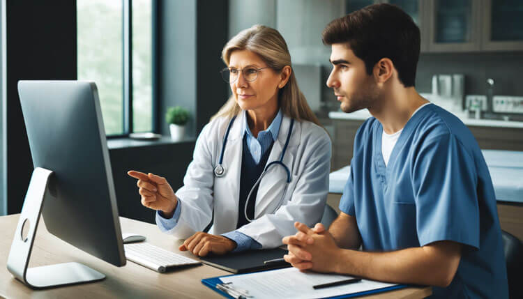 A healthcare mentor and mentee helping with career and personal development in healthcare