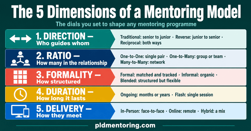 Infographic: the five dimensions of a mentoring model - direction (who guides whom), ratio, formality, duration and delivery.