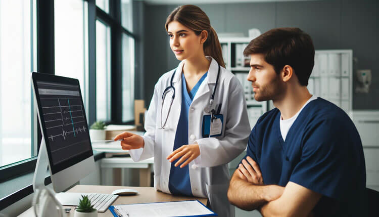 Two healthcare workers, at similar career levels, engaged in peer mentoring